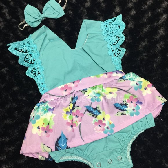 Aqua w/ Lavender Floral  X Romper Jumpsuit Skirt with headband (2) - Picture 1 of 3